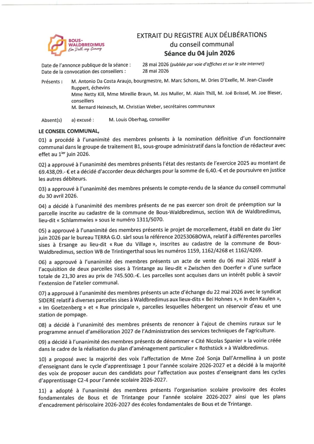 Rapport du Conseil communal 2026 06 04