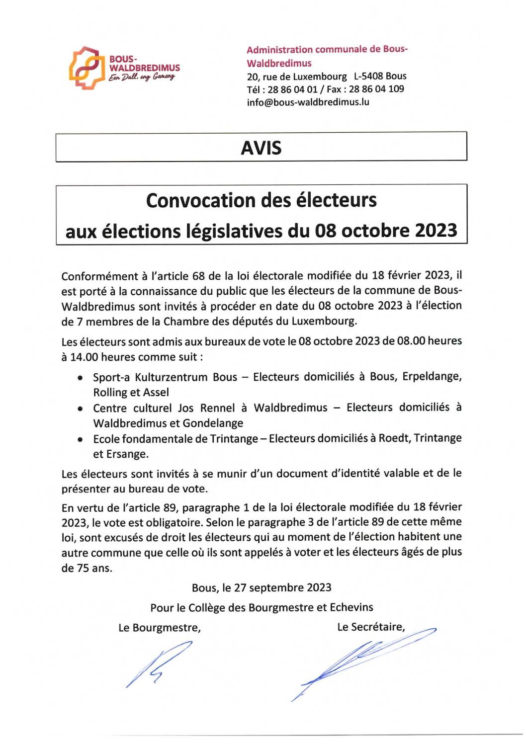 Convocation élections 2023 10 08