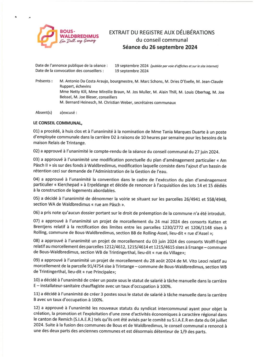 Rapport du Conseil communal du 26 septembre 2024