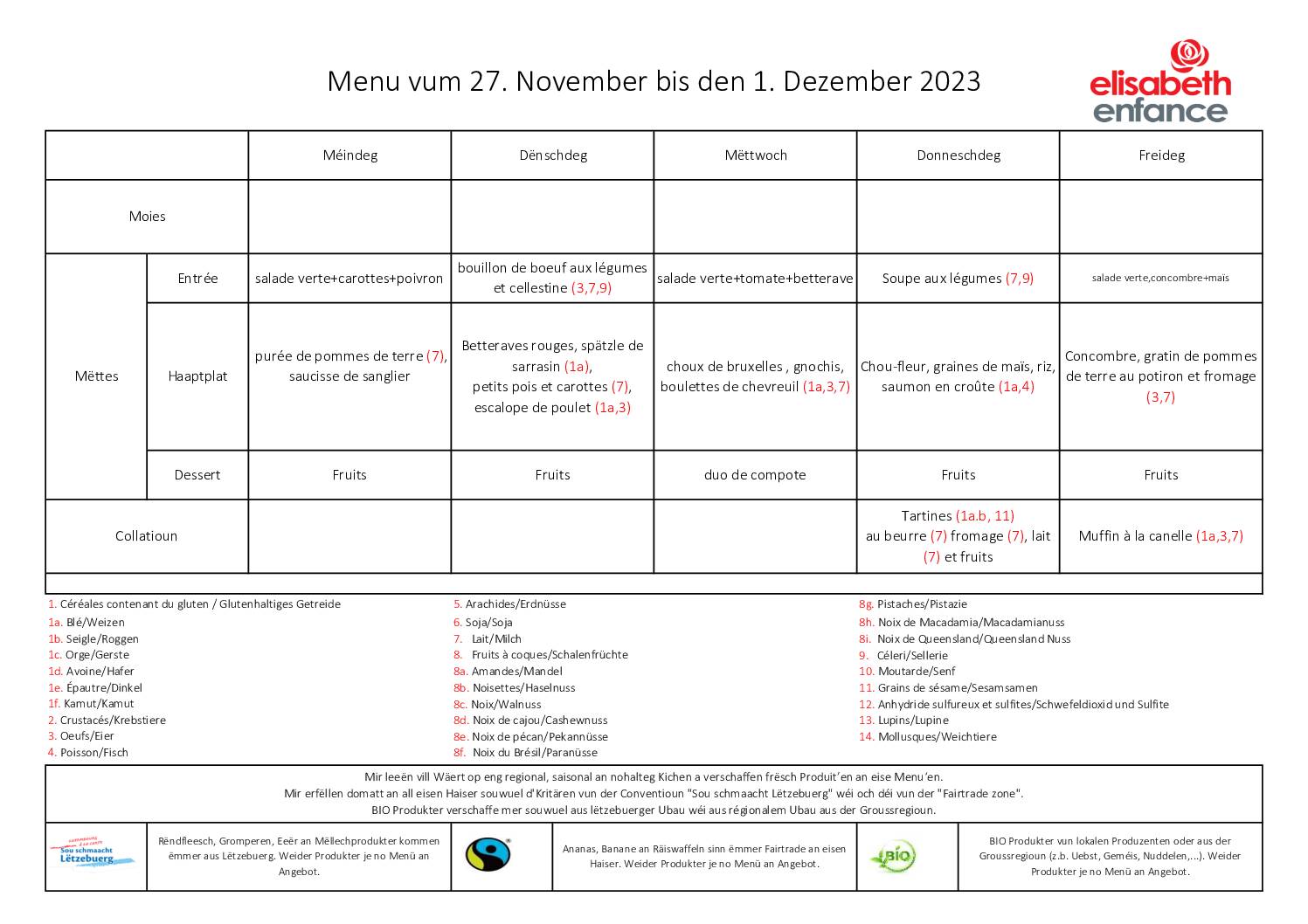 menus de la semaine du 27 novembre au 1 décembre 2023