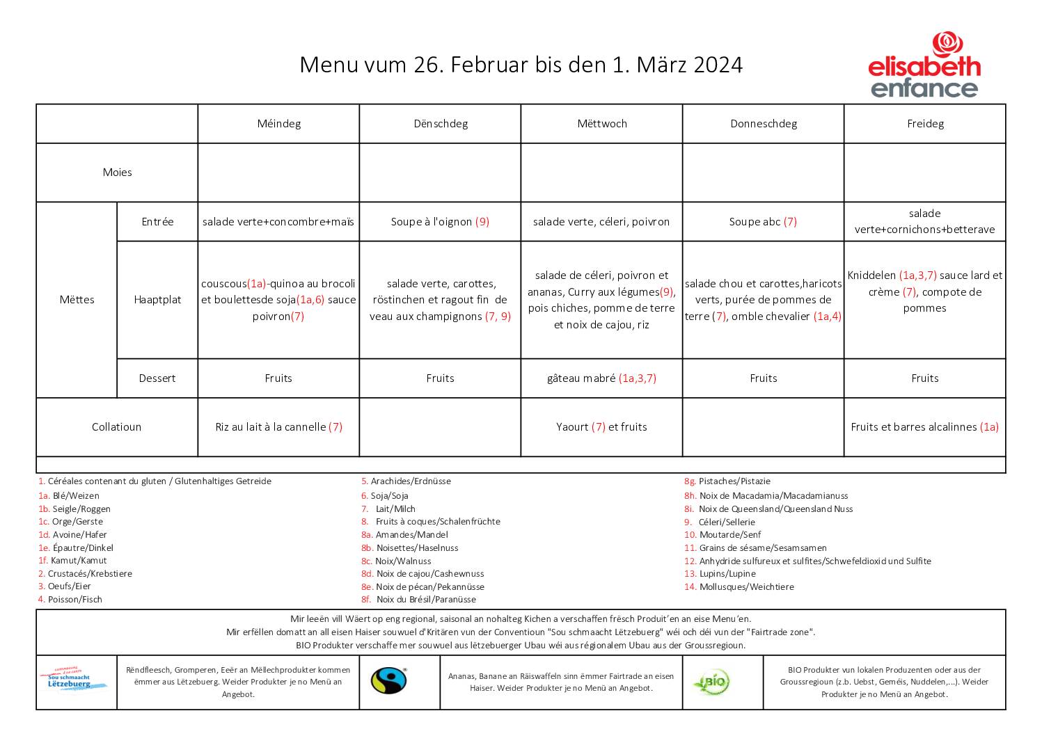 menus de la semaine du 26 février au 1 mars 2024