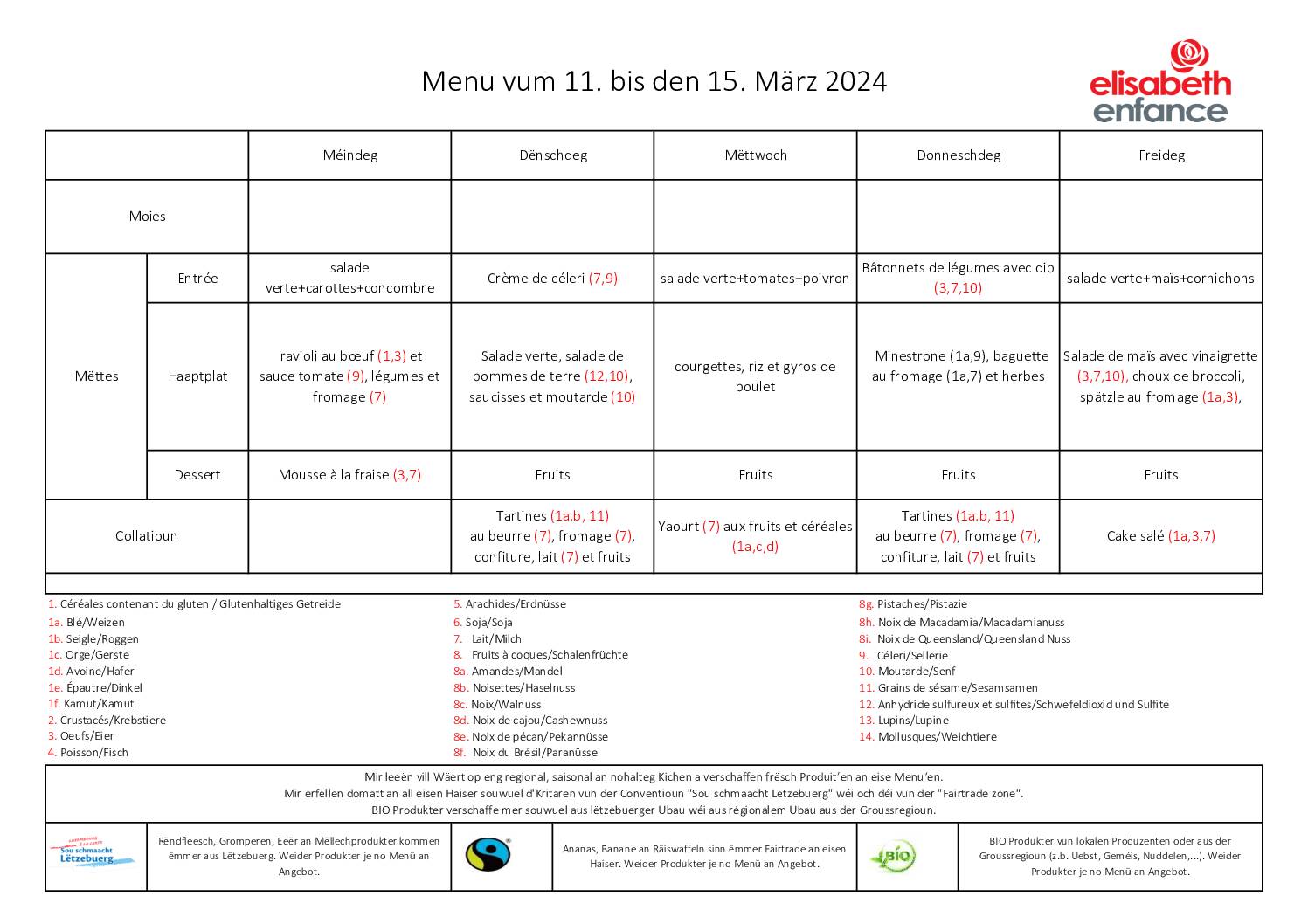 menus de la semaine du 11 au15 mars 2024