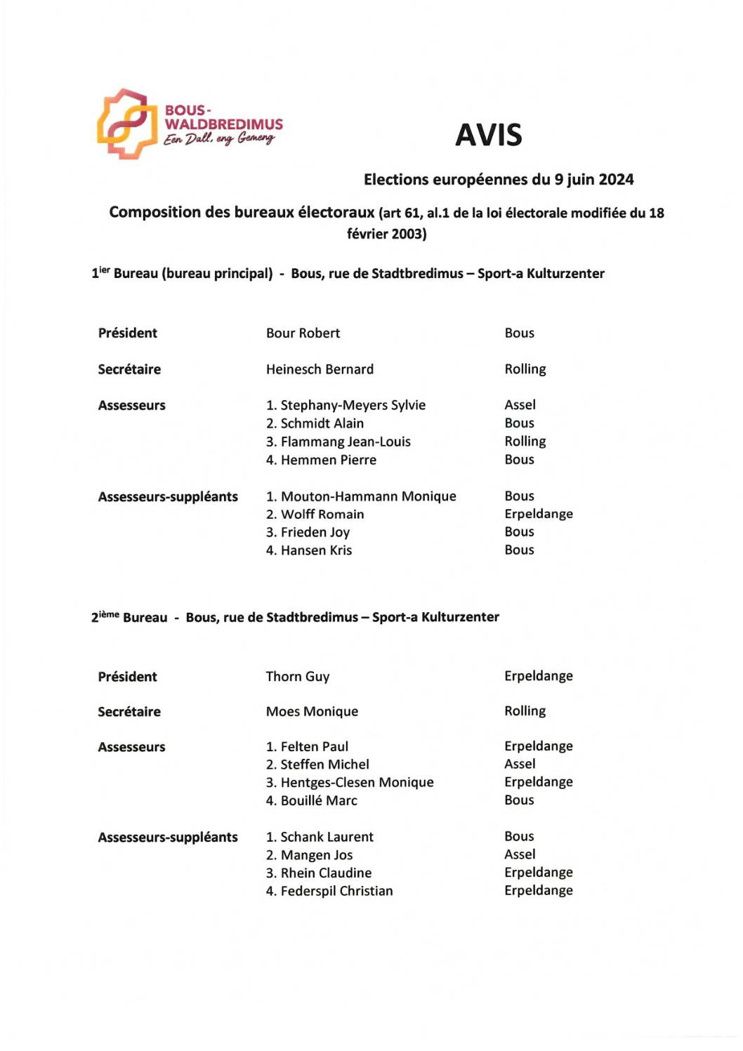 Avis Elections européennes - Composition des bureaux électoraux