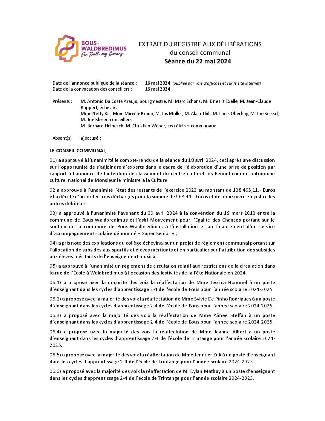 Rapport du conseil communal 2024 05 22