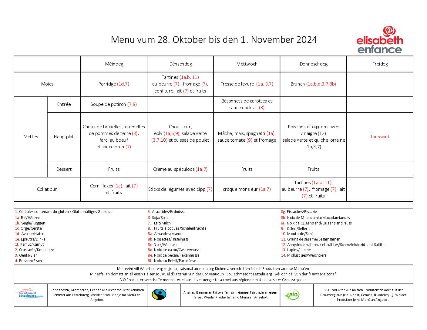 menus de la semaine du 28 au 31 octobre 2024