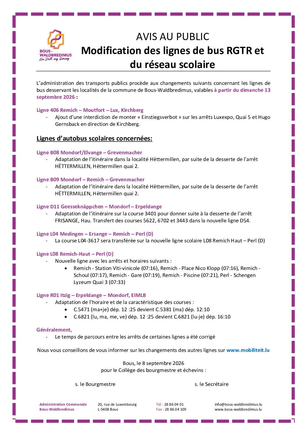 Modification de la ligne de bus RGTR 406 et du réseau scolaire