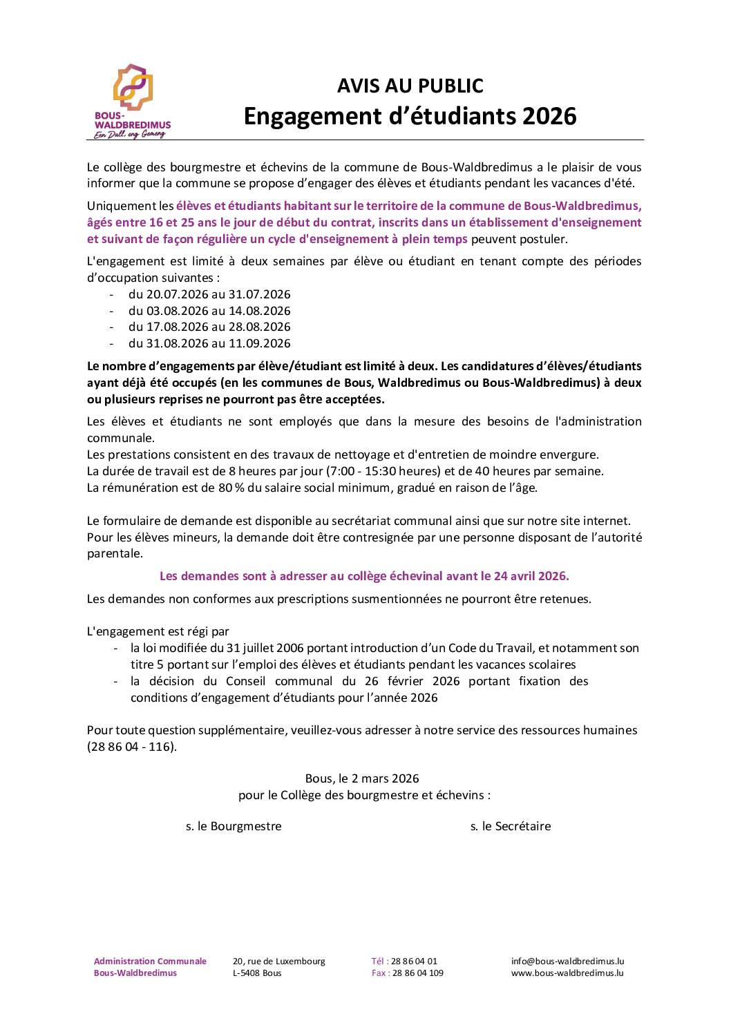 Engagement d'étudiants 2026