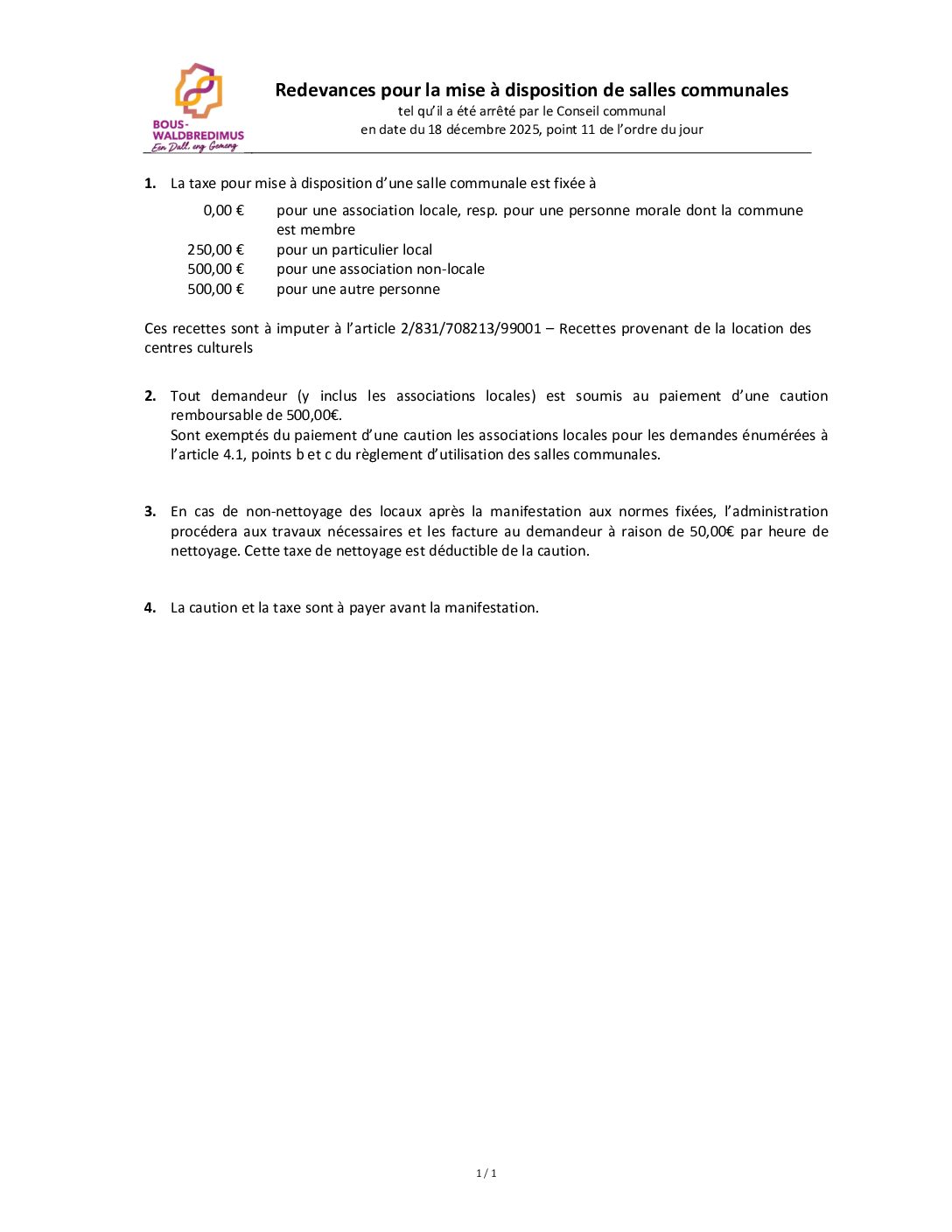 Evenements - Redevances pour la mise à disposition de salles communales