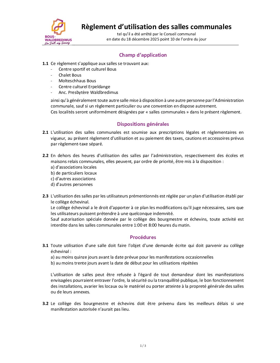 Evenements - Règlement d’utilisation des salles communales