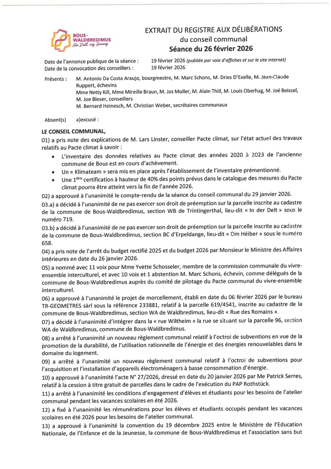 Rapport du conseil communal 2026 02 26