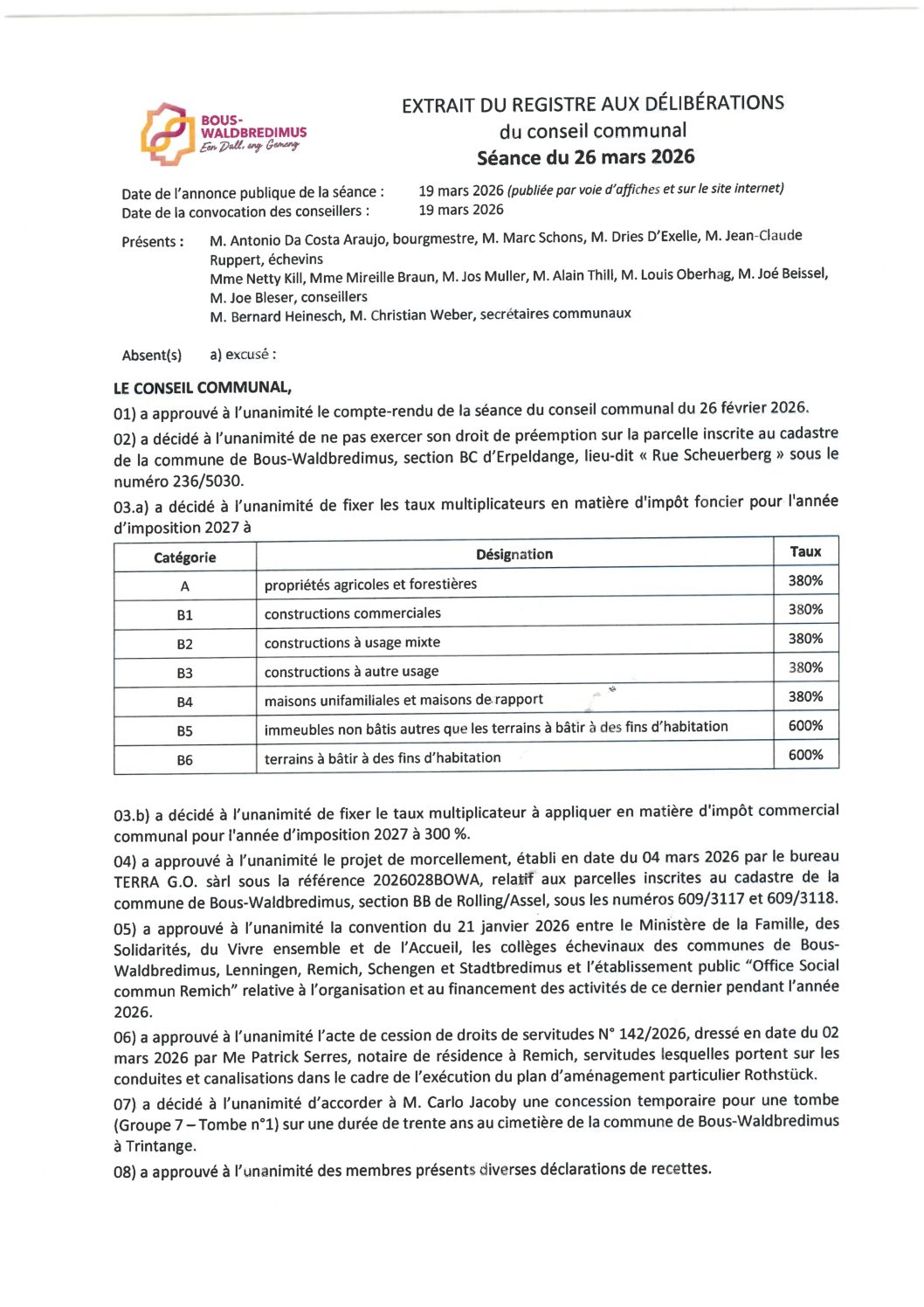 Rapport du conseil communal 2026 03 26