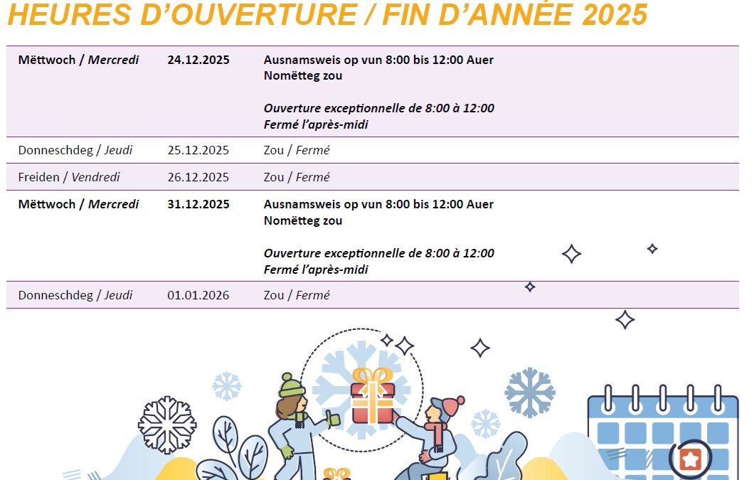 Heures d’ouverture en fin d’année 2025