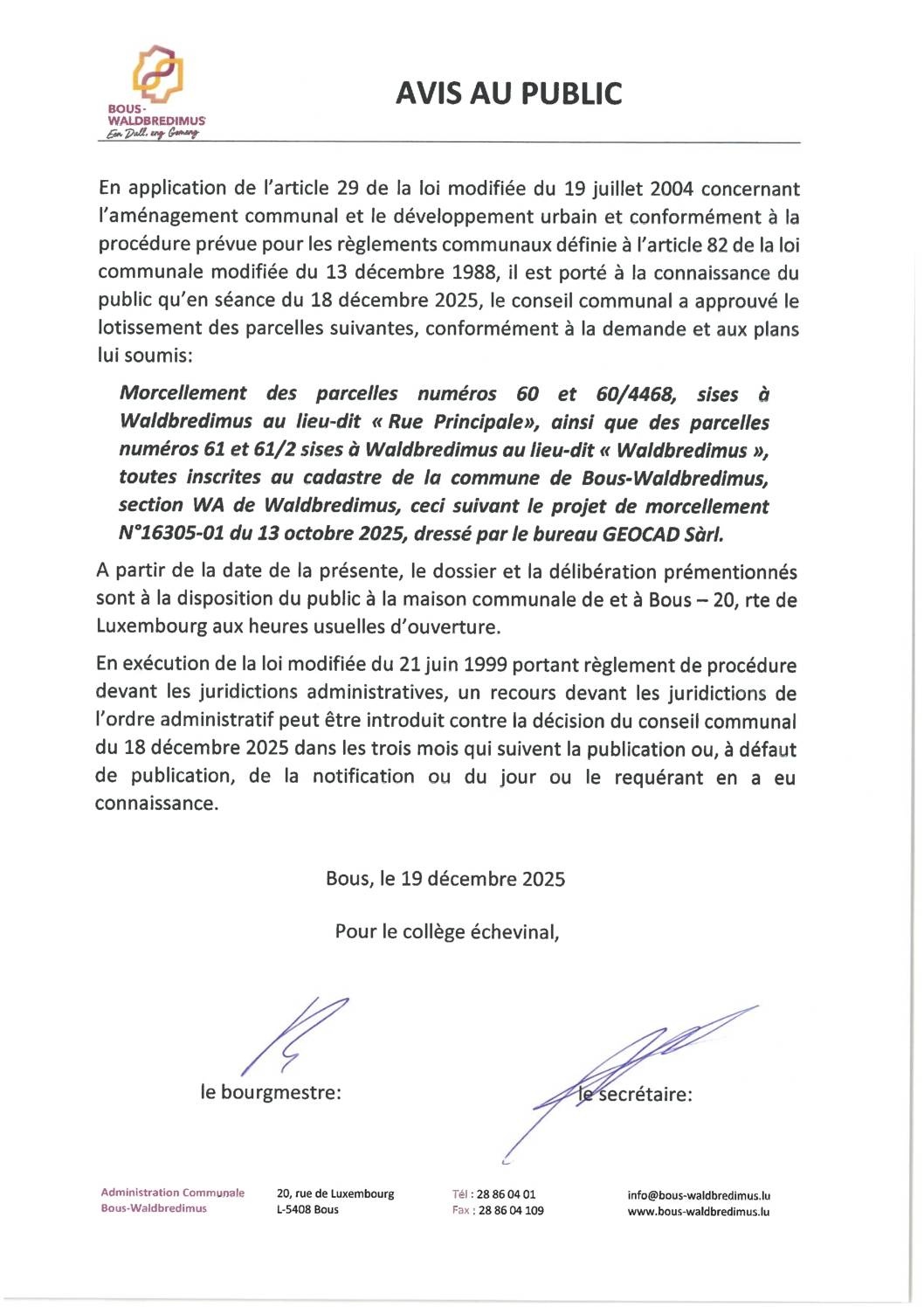 2025 12 19 – Morcellement de parcelles sises à Waldbredimus au lieu-dit “rue principale” et “Waldbredimus”