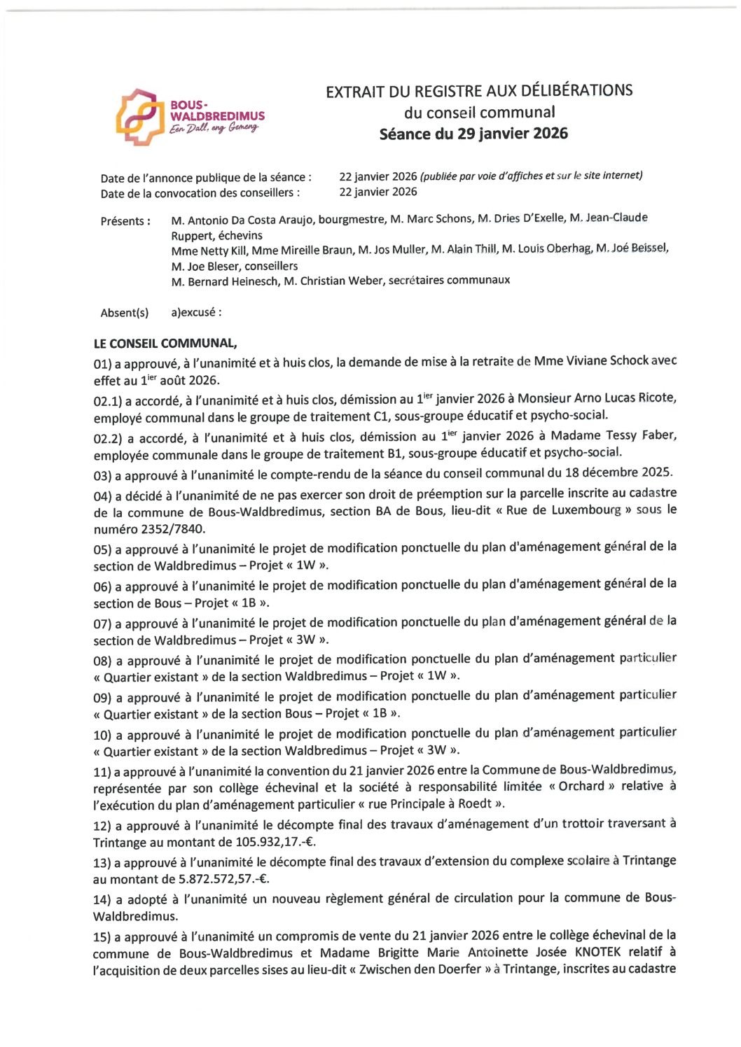Rapport du conseil communal 2026 01 29