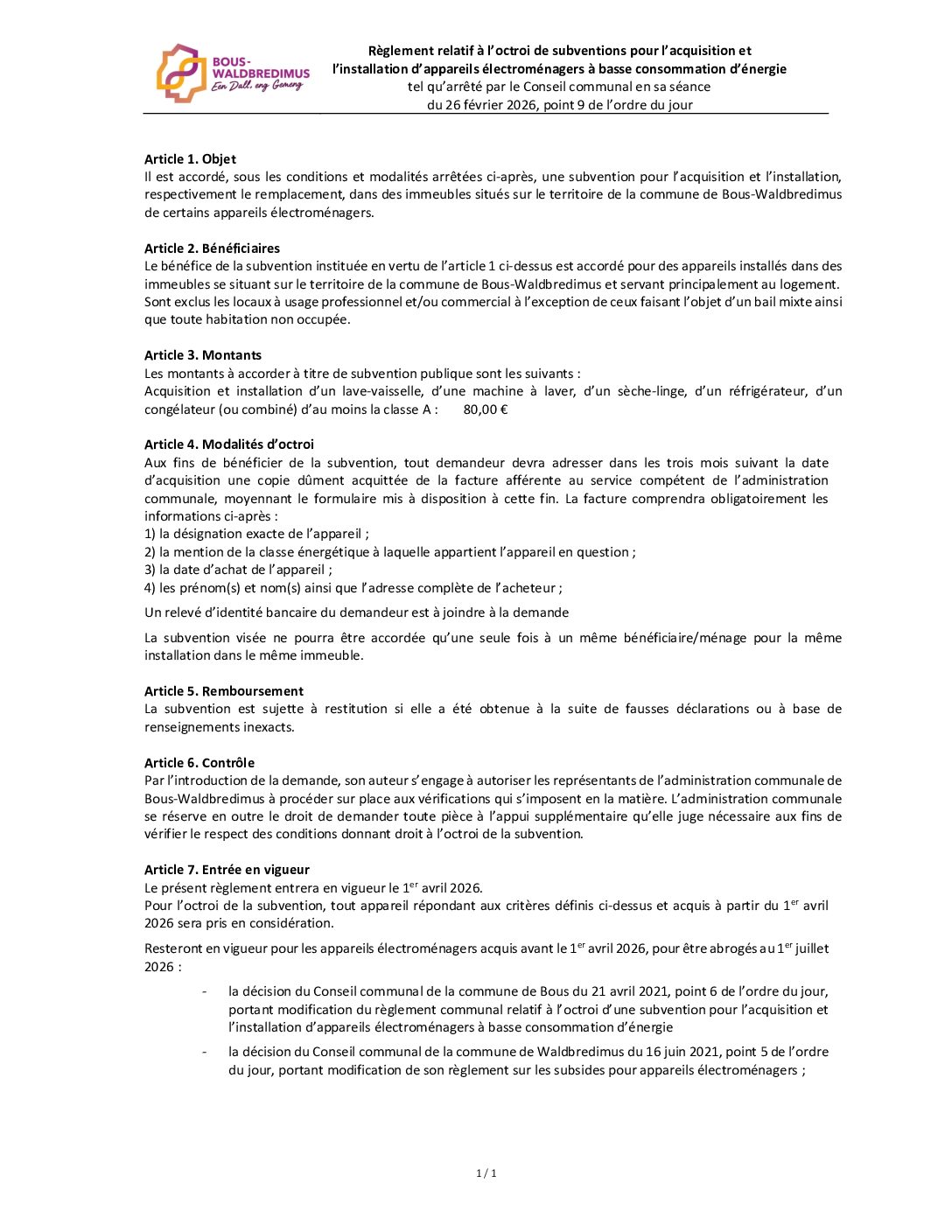 Subsides - Acquisition et l’installation d’appareils électroménagers à basse consommation d’énergie