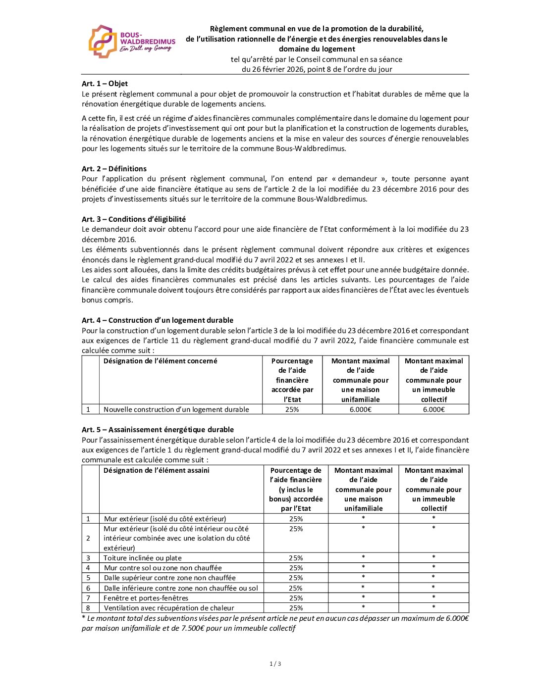 Subsides - Promotion de durabilité, (...) et des énergies renouvelables dans le domaine du logement