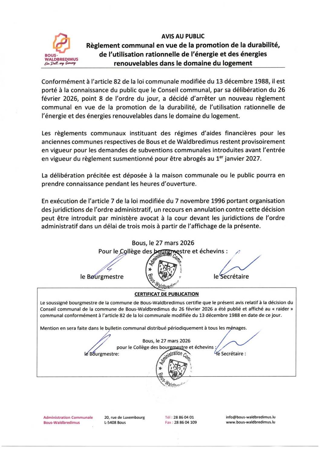 2026 03 27 - Reglement durabilité, utilisation ragionelle de l'énergie et énergies renouv. dans le logement