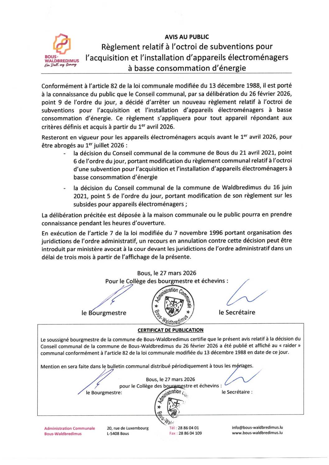 2026 03 27 - Reglement rel. aux subventions pour appareils electromenagers à basse cons. d'énergie