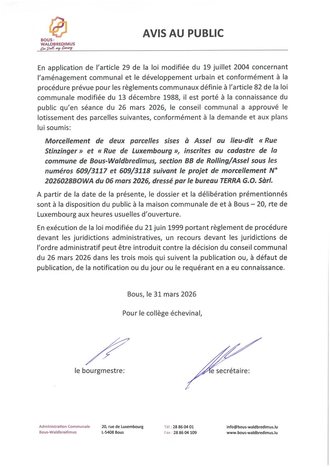 2026 03 31 - Approbation d'un lotissement de parcelles sises à Assel, rue Stinzinger et rue de Luxembourg