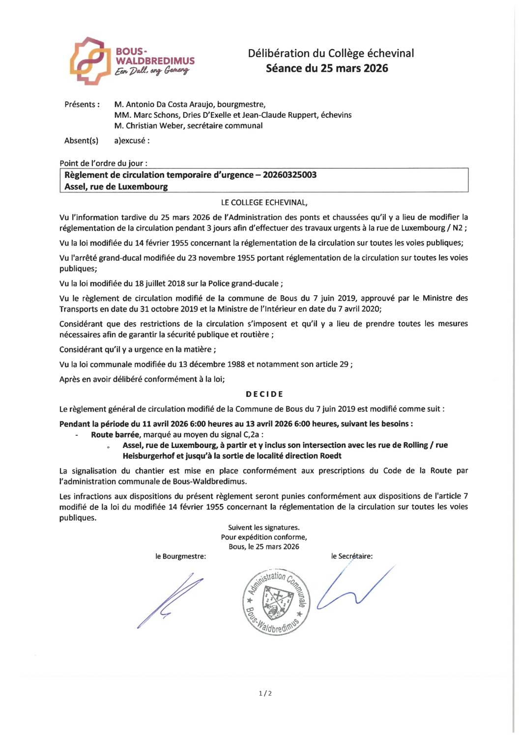 20260325003 - Règlement de circulation temporaire d'urgence - Assel, rue de Luxembourg