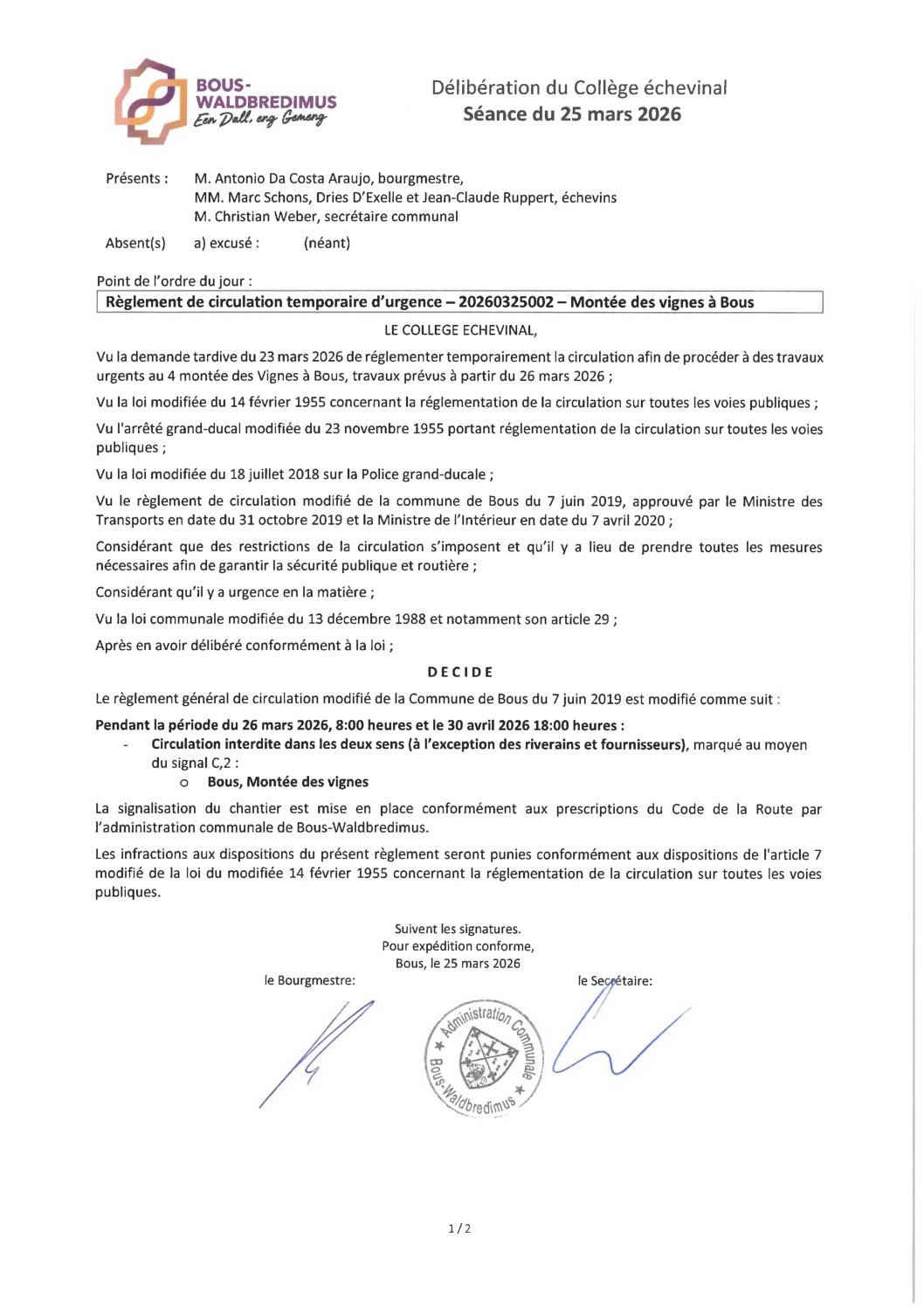 20260325002 - Règlement de circulation temporaire d'urgence - Bous, montée des vignes