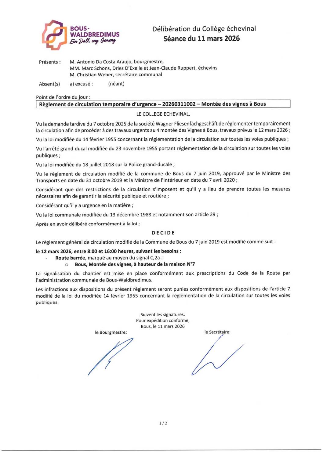 20260311002 - Règlement de circulation temporaire d'urgence - Bous, montée des vignes