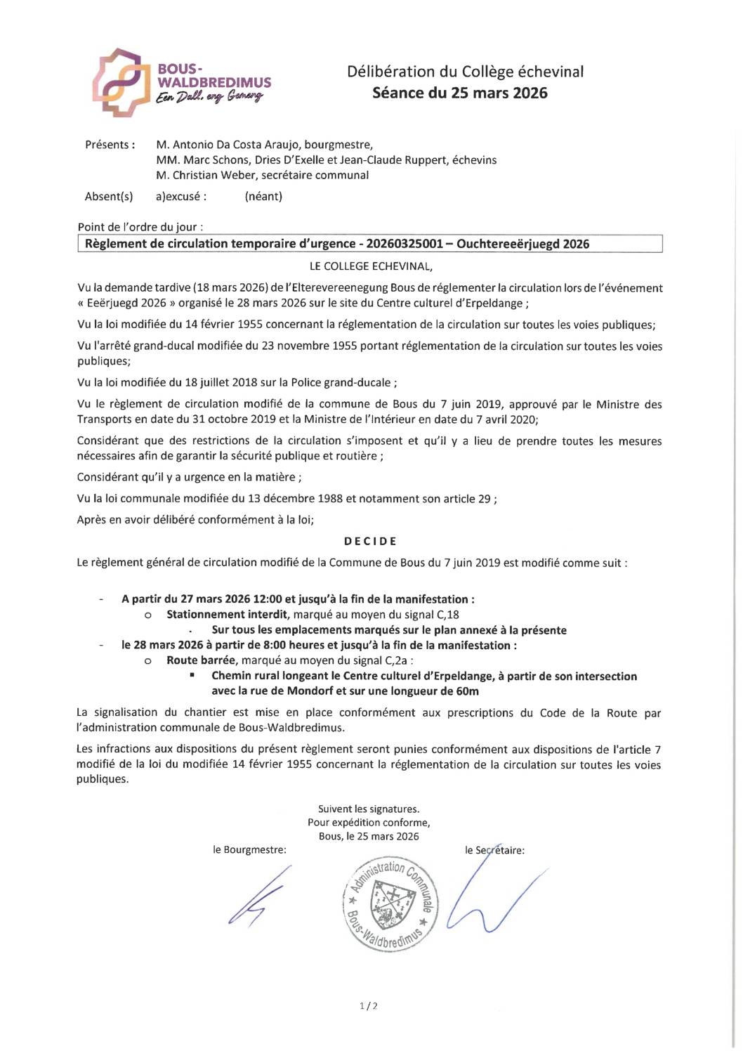 20260325001 - Règlement de circulation temporaire d'urgence - Ouschtereeërjuegd 2026