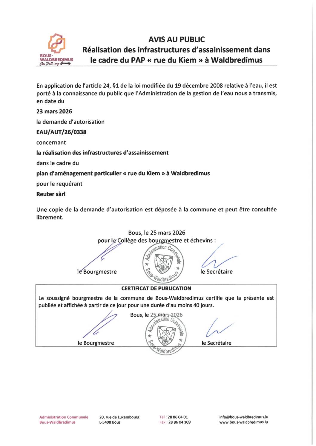 EAU AUT 26 0338 - Réalisation des infrastructures d'assainissement PAP "rue du Kiem" à Waldbredimus