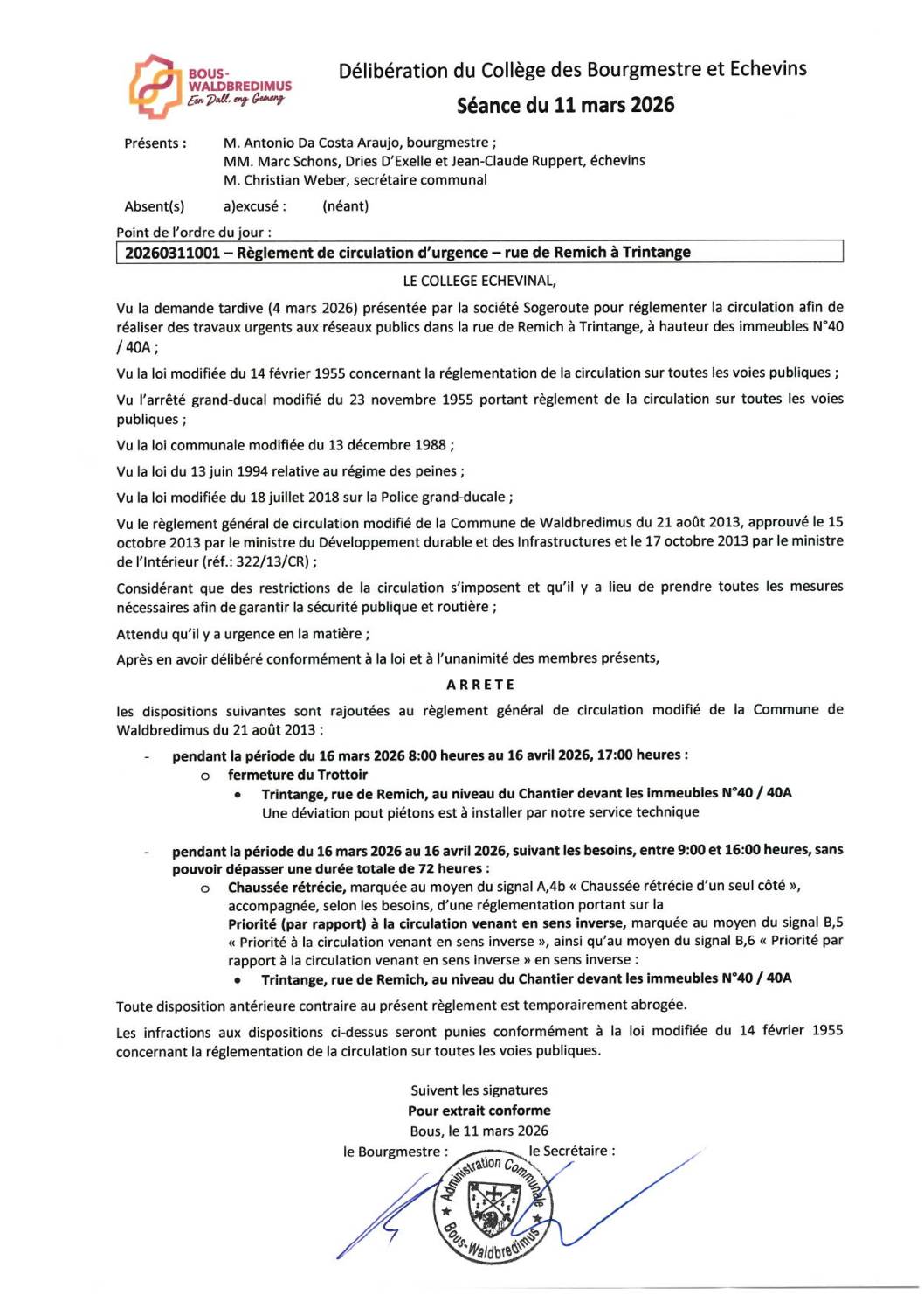 20260311001 - Règlement de circulation d'urgence - Trintange, rue de Remich