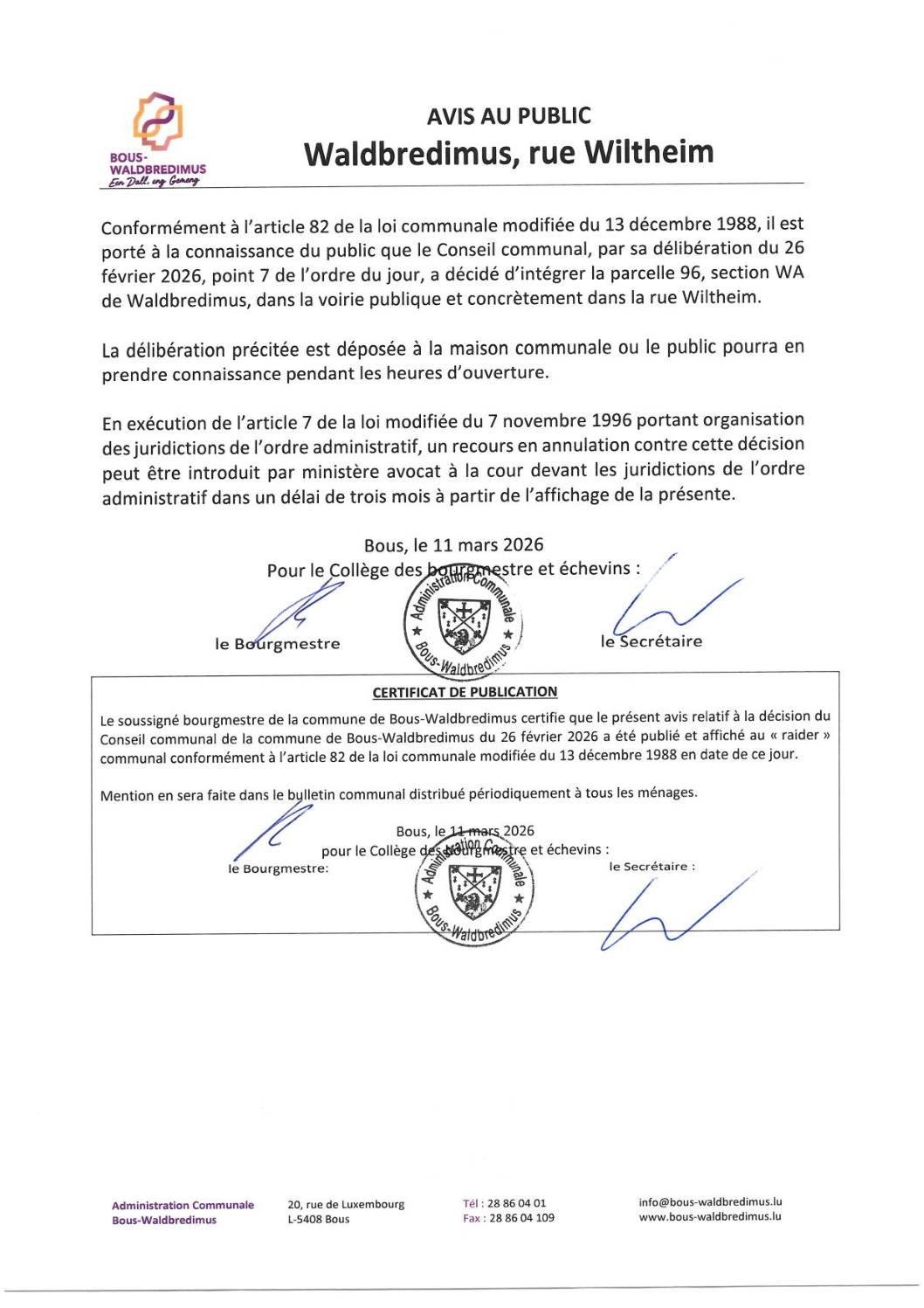 2026 03 11 - Intégration de la parcelle 96, section WA de Waldbredimus dans la voirie publique et concrètement dans la rue Wiltheim