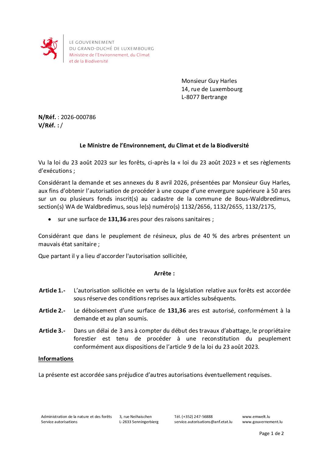 2026-000786 - Autorisation de procéder à un déboisement à Waldbredimus