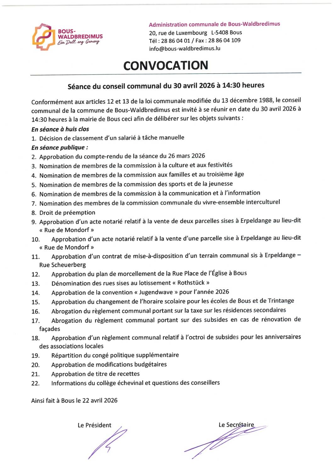 2026 04 30 (Séance du Conseil communal du)