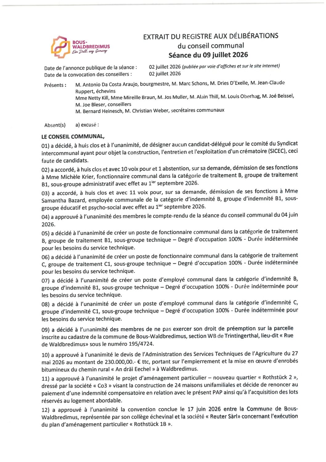 Rapport du Conseil communal 2026 07 09