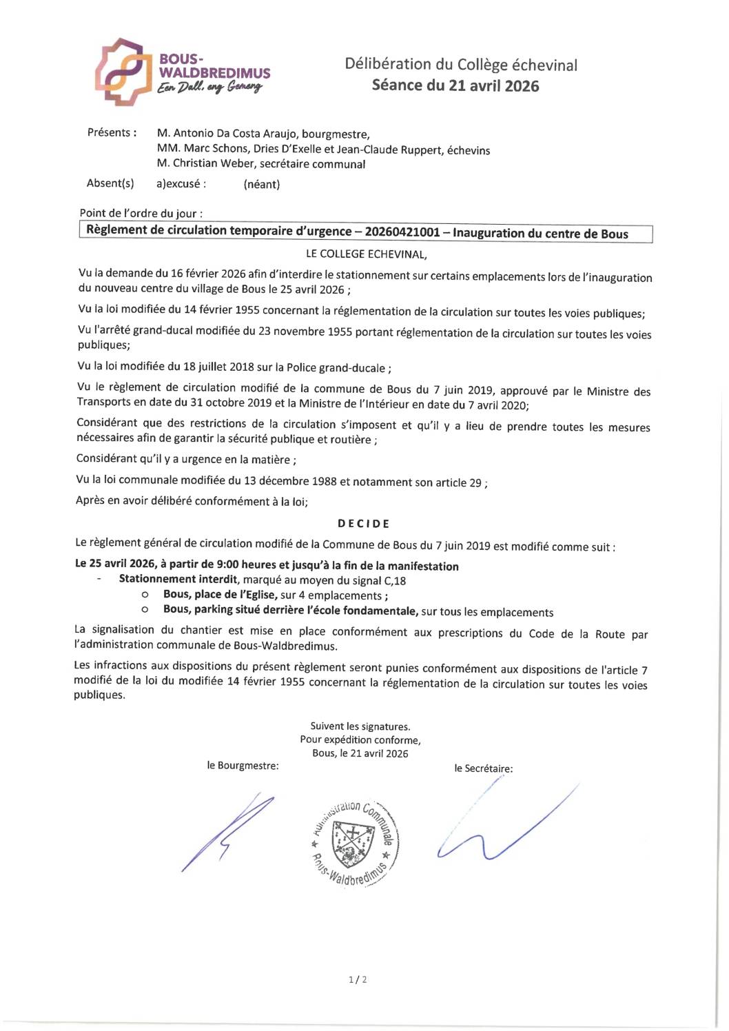 20260421001 - Règlement de circulation temporaire d'urgence - Bous - Inauguration du centre de Bous