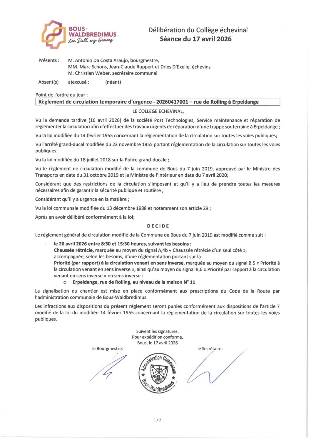20260417001 - Règlement de circulation temporaire d'urgence - Erpeldange, rue de Rolling