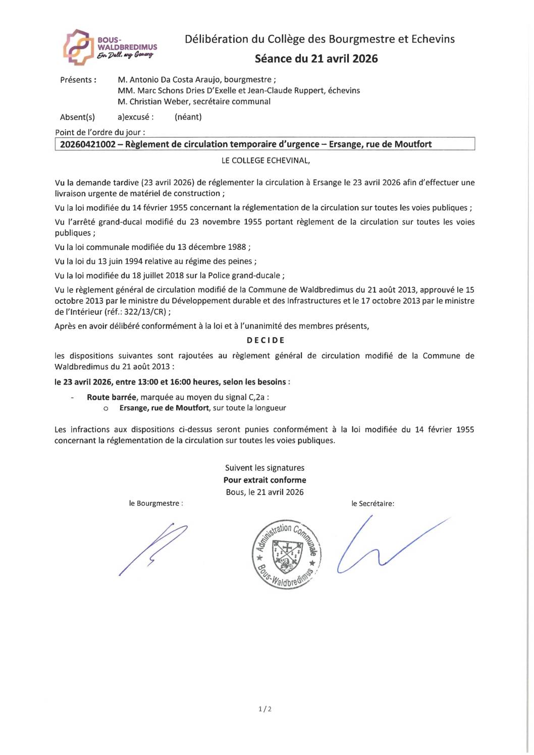 20260421002 - Règlement de circulation temporaire d'urgence - Ersange, rue de Moutfort