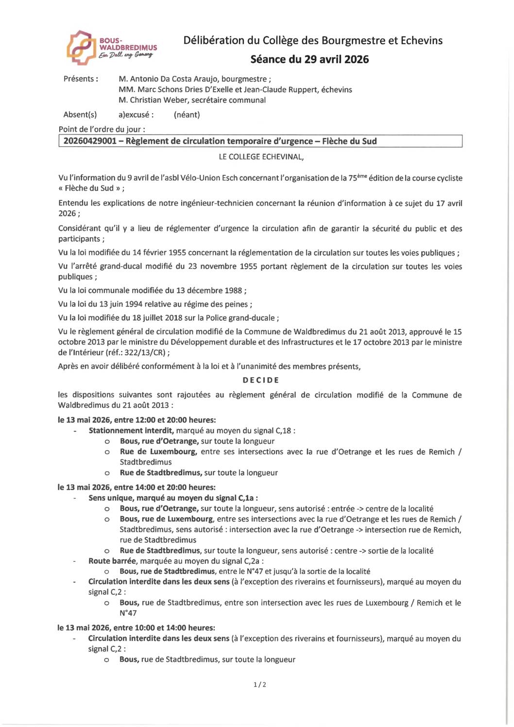 20260429001 - Règlement de circulation temporaire d'urgence - Flèche du Sud