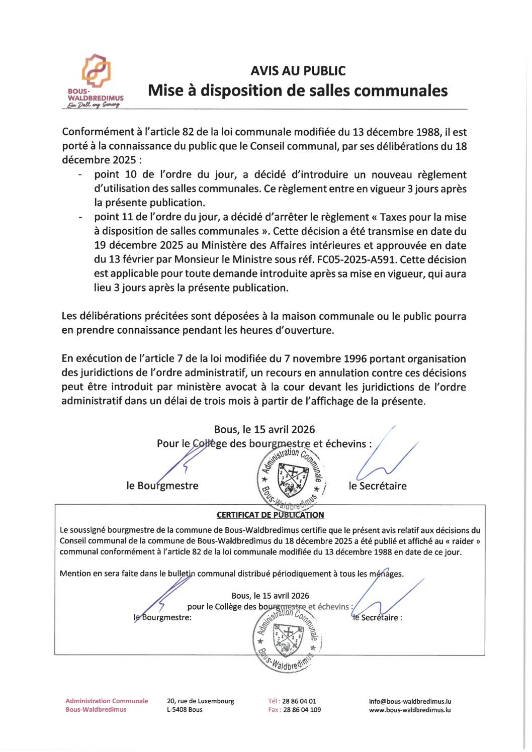 2026 04 15 - Nouveaux règlements pour mise à disposition de salles communales