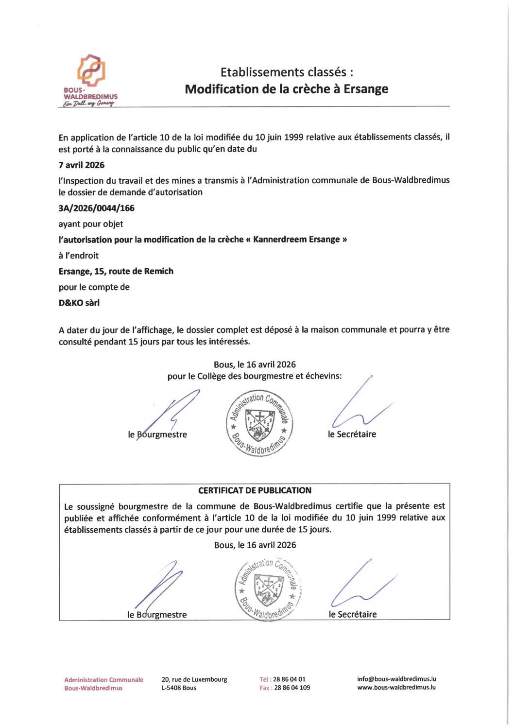 2026 04 16 - Etablissements classés - 10 - Modification de la crèche à Ersange