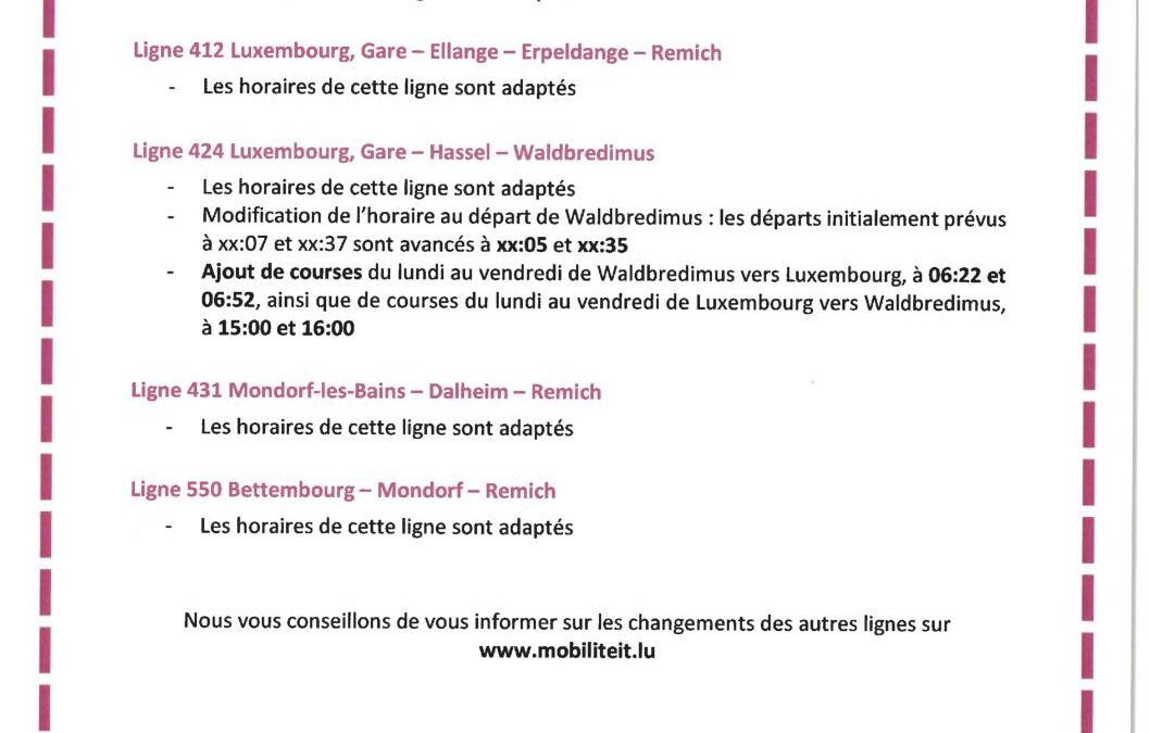Modification des lignes de bus RGTR 406/412/424/431/550
