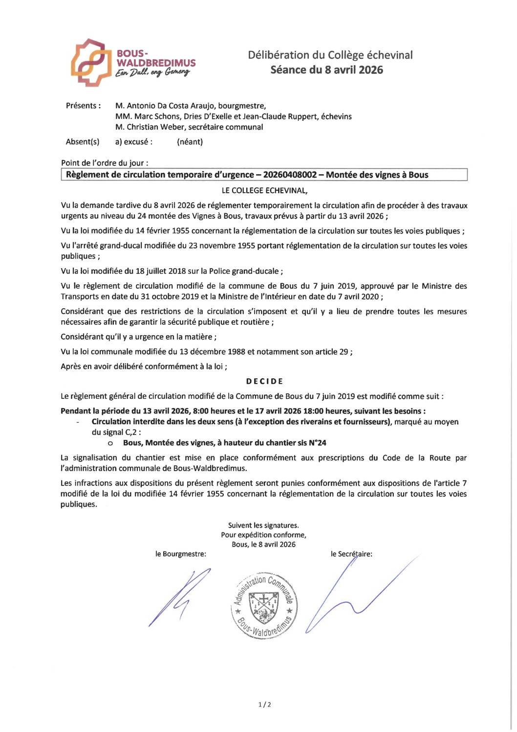 20260408002 - Règlement de circulation temporaire d'urgence - Bous, montée des vignes