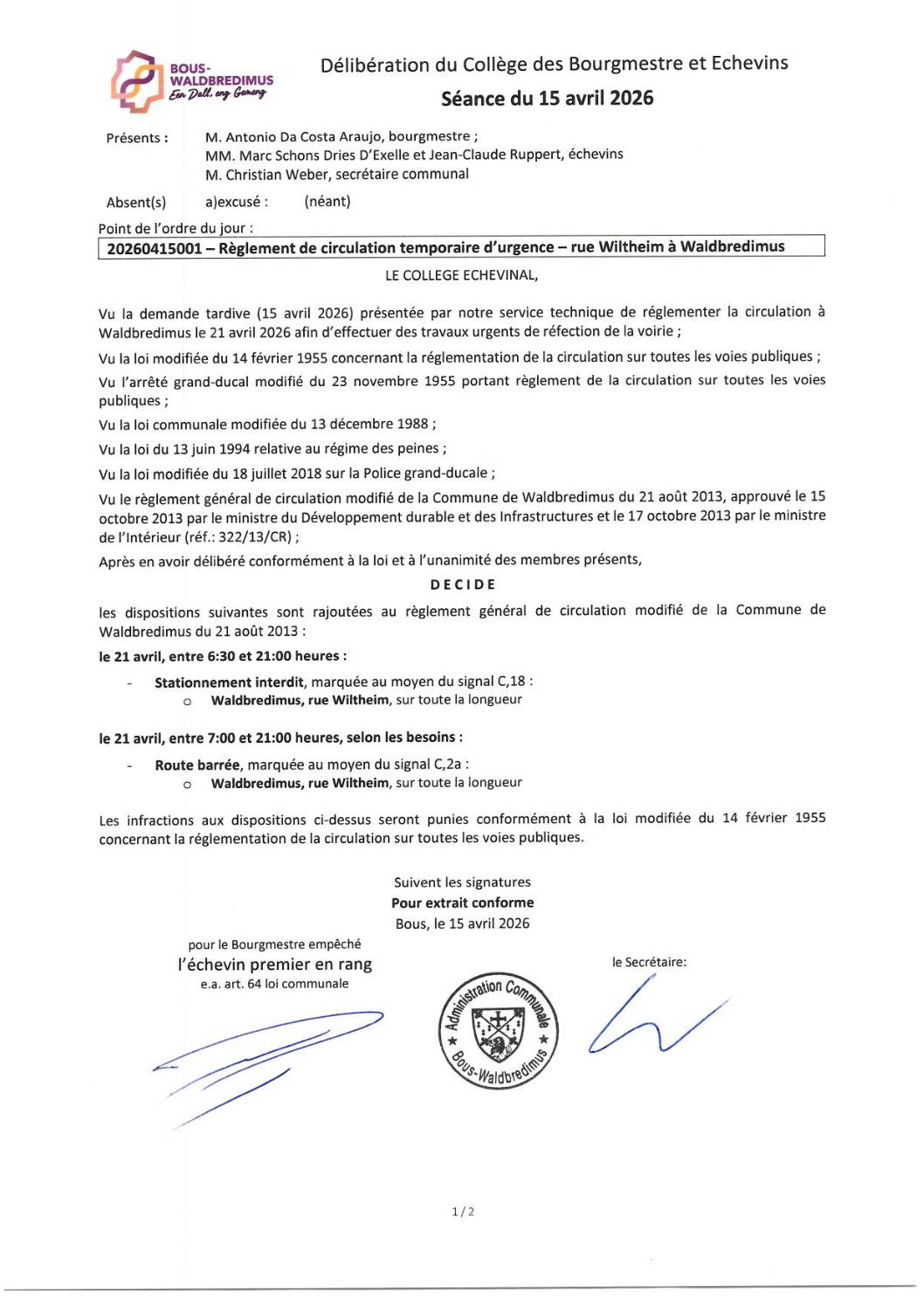 20260415001 - Règlement de circulation temporaire d'urgence - Waldbredimus, rue Wiltheim
