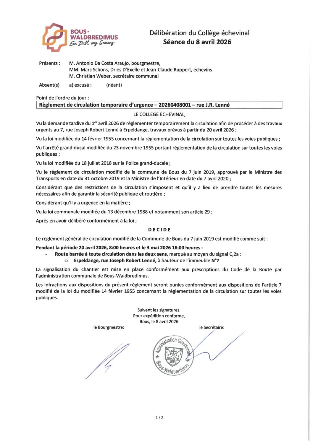 20260408001- Règlement de circulation temporaire d'urgence - Erpeldange, rue J.R. Lenné