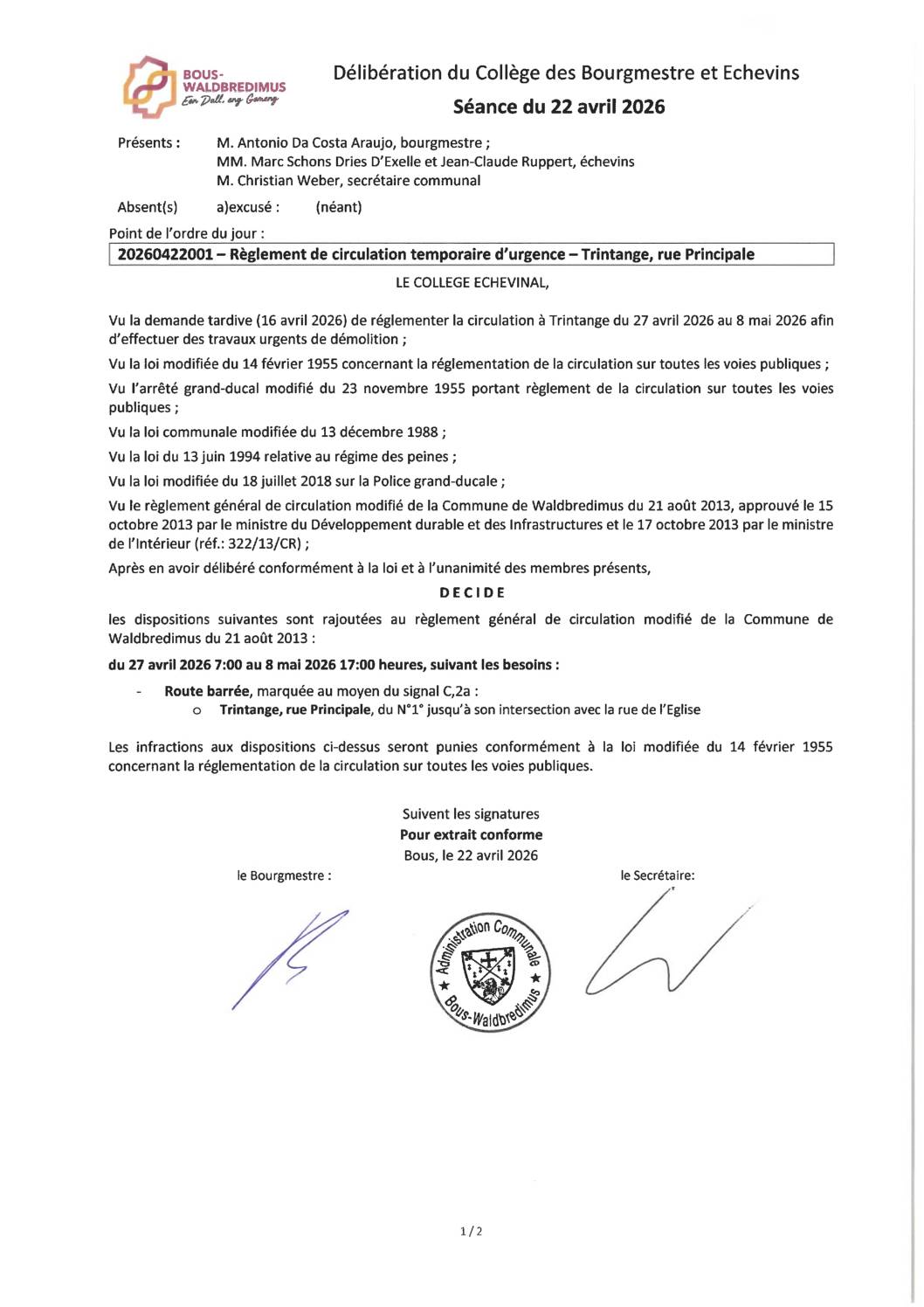 20260422001 - Règlement de circulation temporaire d'urgence - Trintange, rue Principale