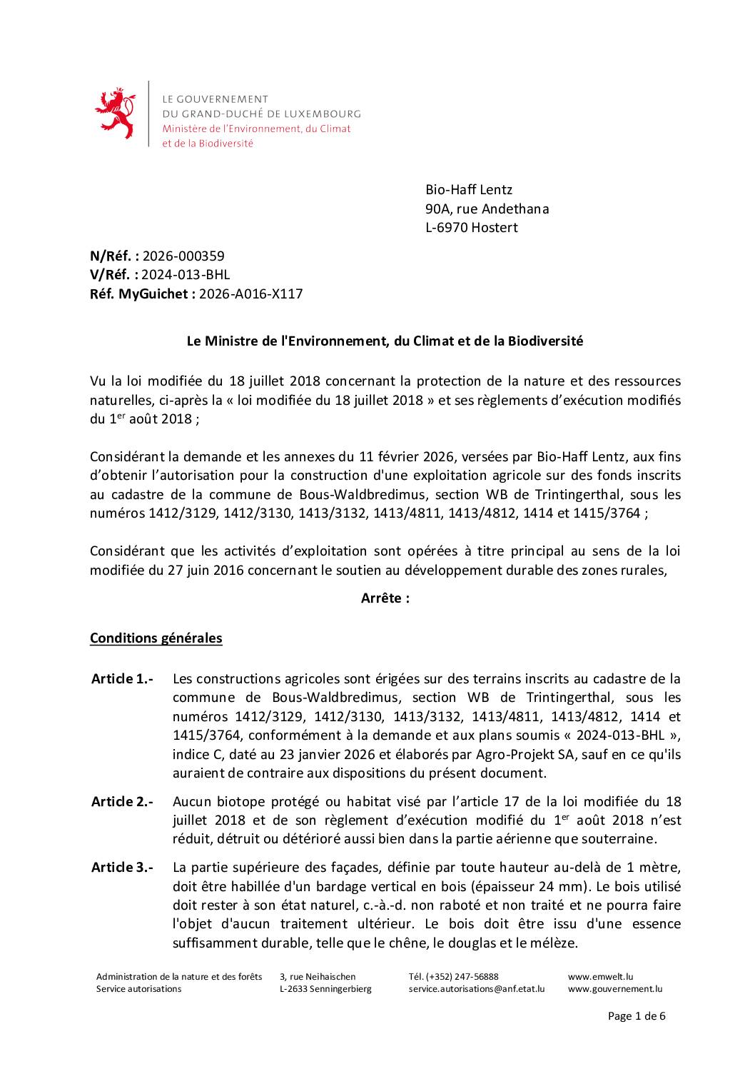 2026-000359 - Autorisation pour la construction d'une exploitation agricole