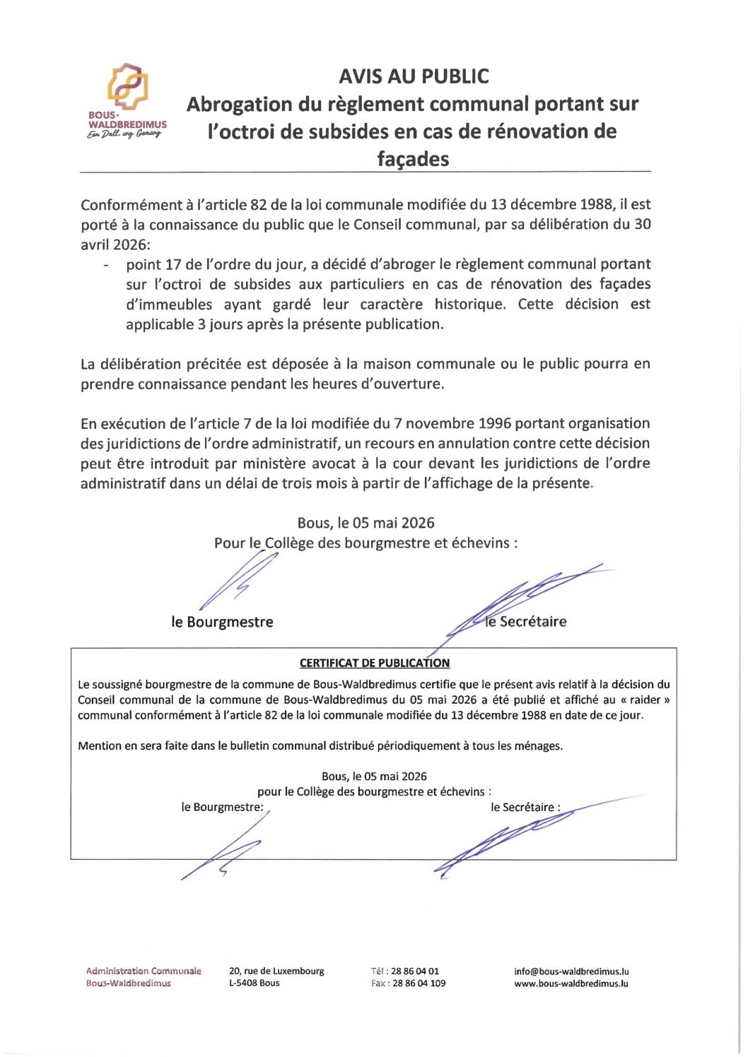 2026 05 05 - Abrogation du règlement communal portant sur l'octroi de subsides en cas de rénovation de façades