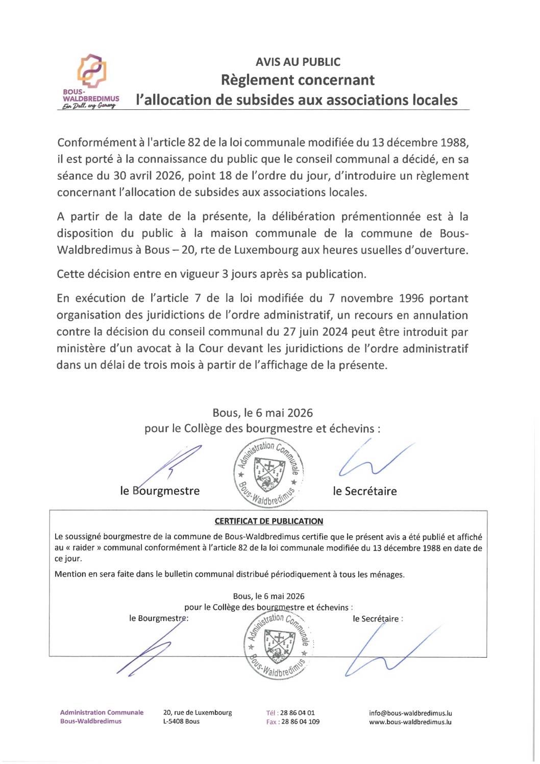 2026 05 06 - Règlement pour l'allocation de subsides aux associations locales