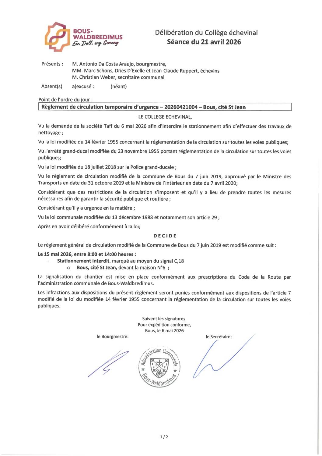 20260421004 - Règlement de circulation temporaire d'urgence - Bous, cité St Jean