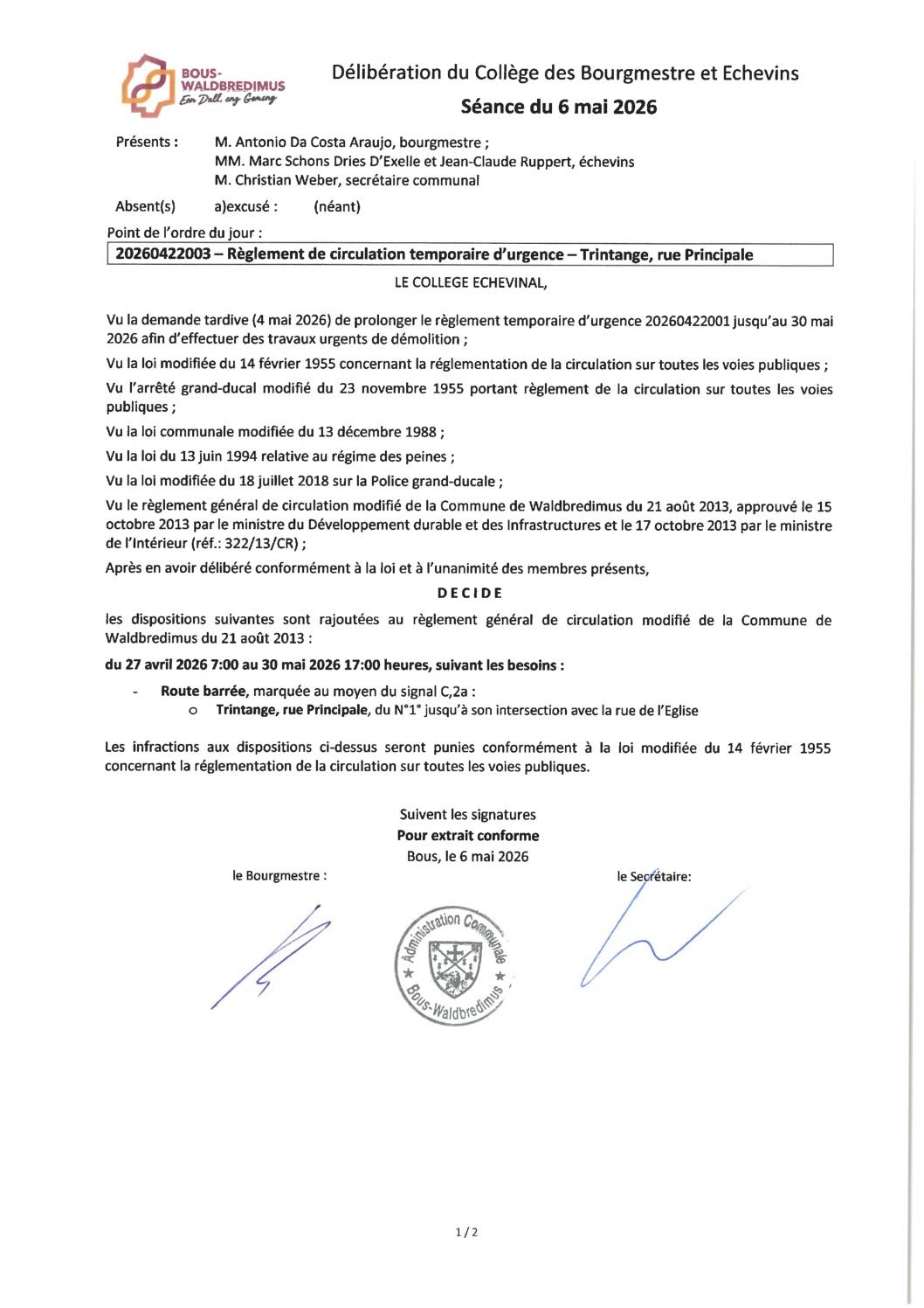 20260506001 - Règlement de circulation temporaire d'urgence - Erpeldange, rue de Rolling