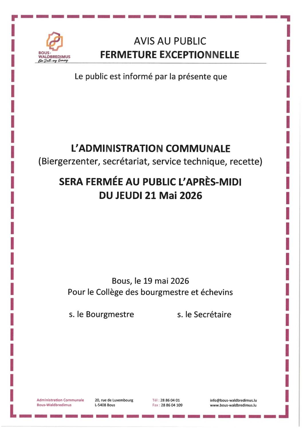 2026 05 19 - Fermeture exceptionnelle de l'administration communale